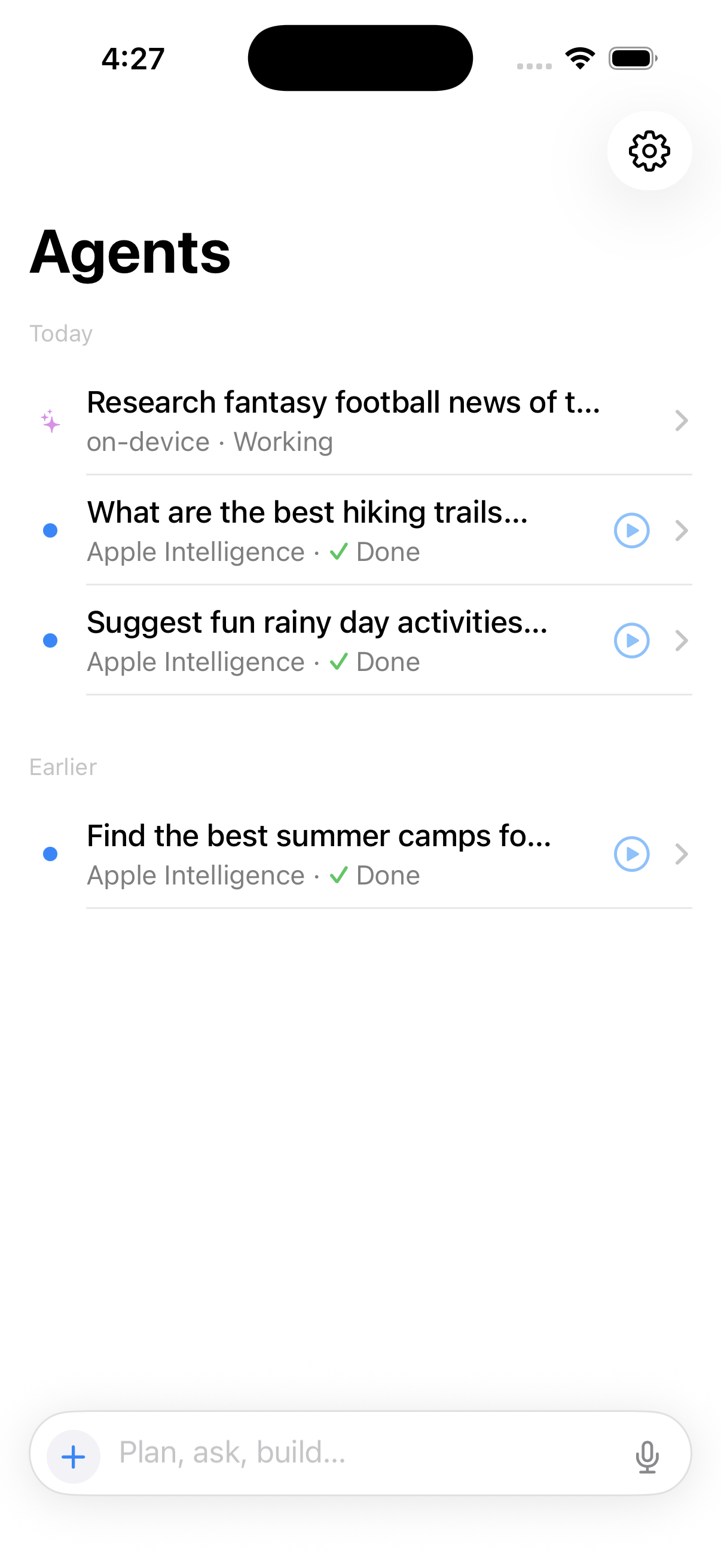Agent iOS app showing running and completed on-device research jobs