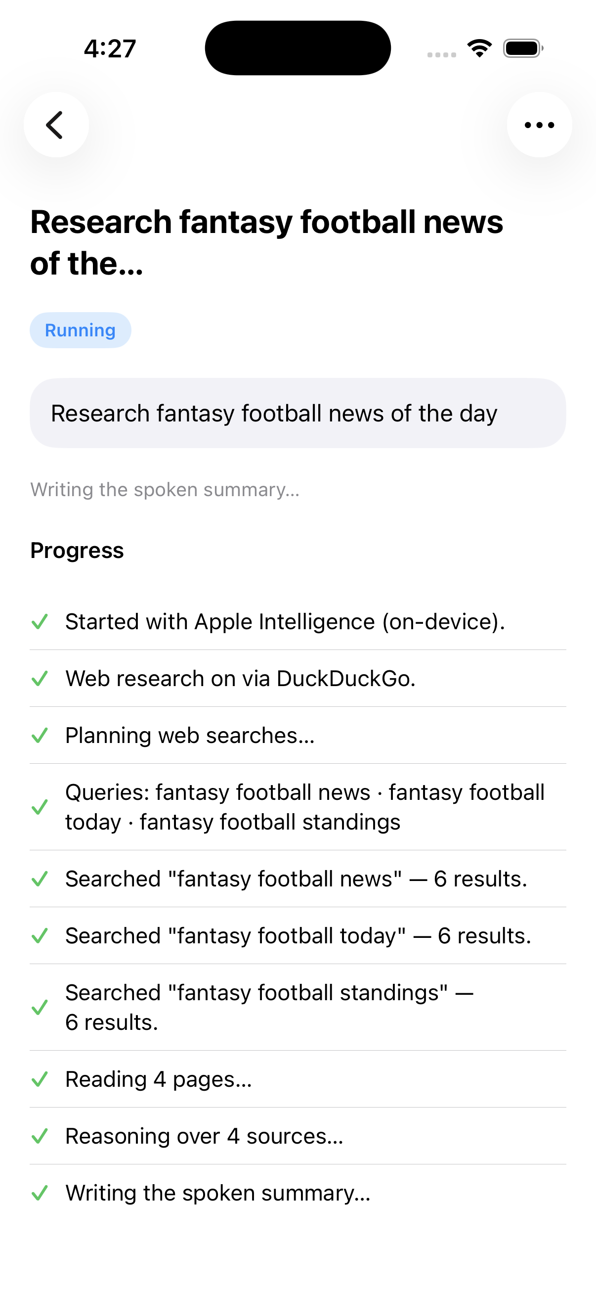 A running research job showing planned searches, fetched results, page reading, and reasoning progress.