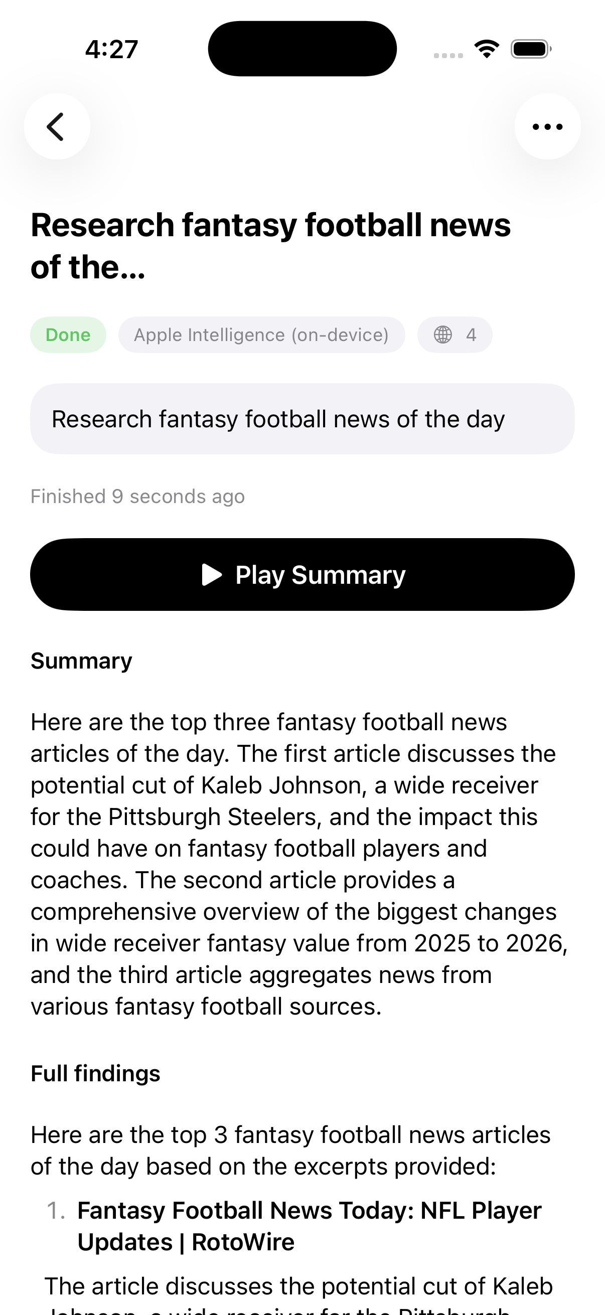A completed research job with a play-summary button, summary, full findings, and source count.