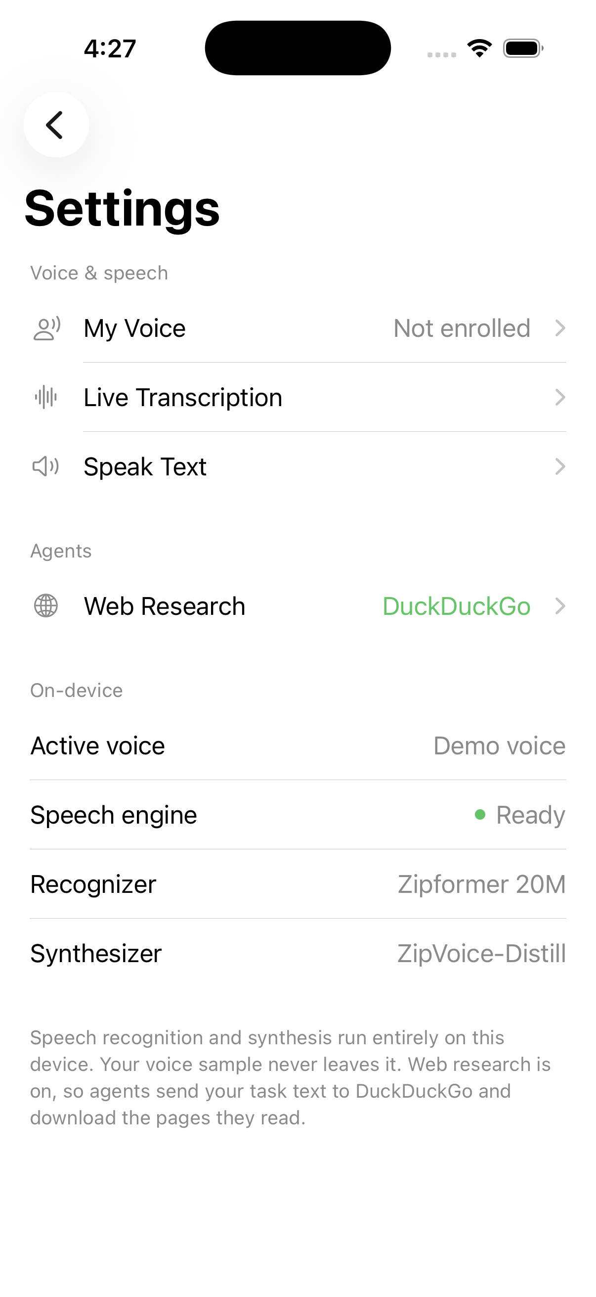 Agent settings showing local voice tools, DuckDuckGo research, and the on-device speech engines.