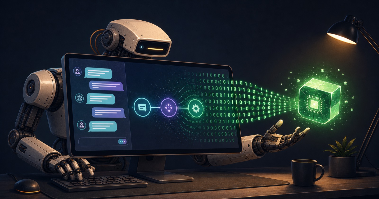 A robot seated at a desk: a chat conversation on the monitor becomes a stream of green binary digits that condenses into a glowing processor cube held in its hand.