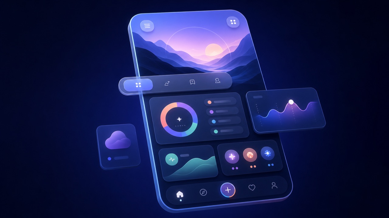 Stylized 3D illustration of a translucent phone whose native app UI — charts, widgets, and controls — floats off the screen in layered panels.