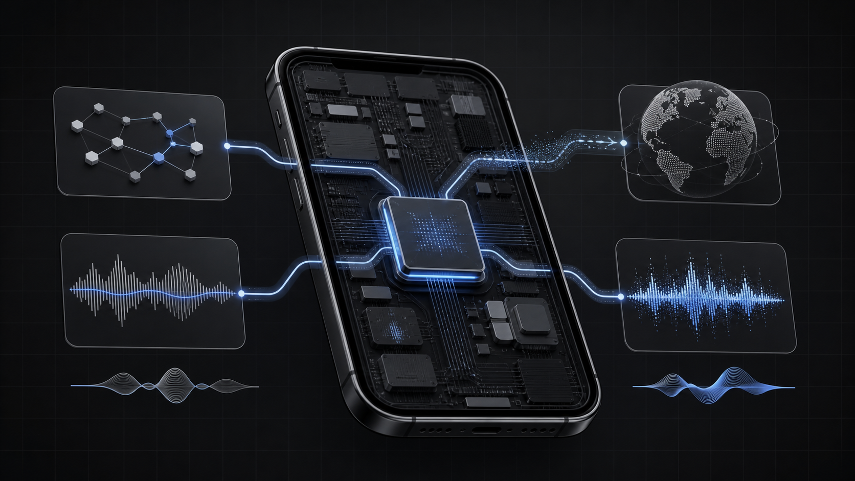 A cutaway smartphone with an on-device neural processor connected to research and speech pipelines.